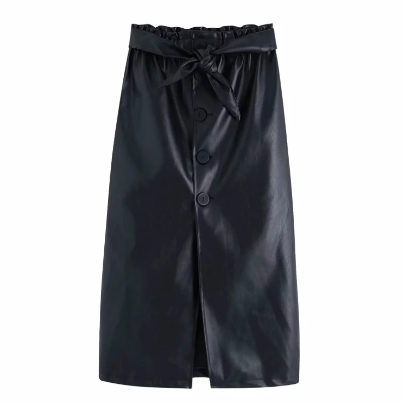 Модная женская черная юбка миди с поясом и эластичной резинкой на талии из искусственной кожи, осень, женские прямые юбки для отдыха P1508 - Цвет: as pic