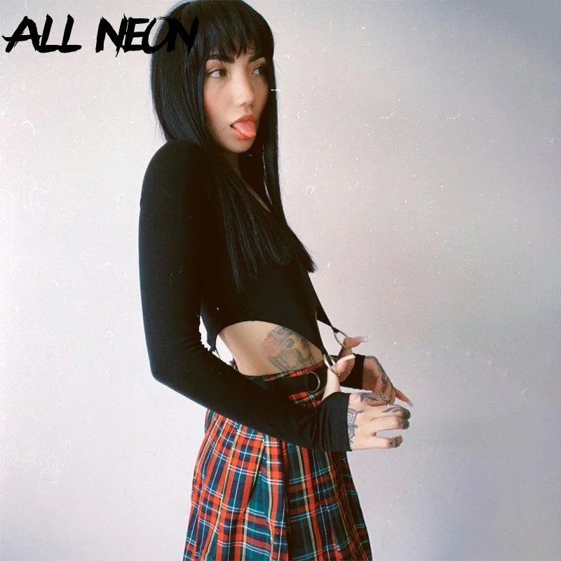 ALLNeon E-girl Aesthetics Slim Ring O-neck Cropped Tops Y2K Fashion Solid Long Sleeve Black T-shirts 90s Streetwear Vintage Fall