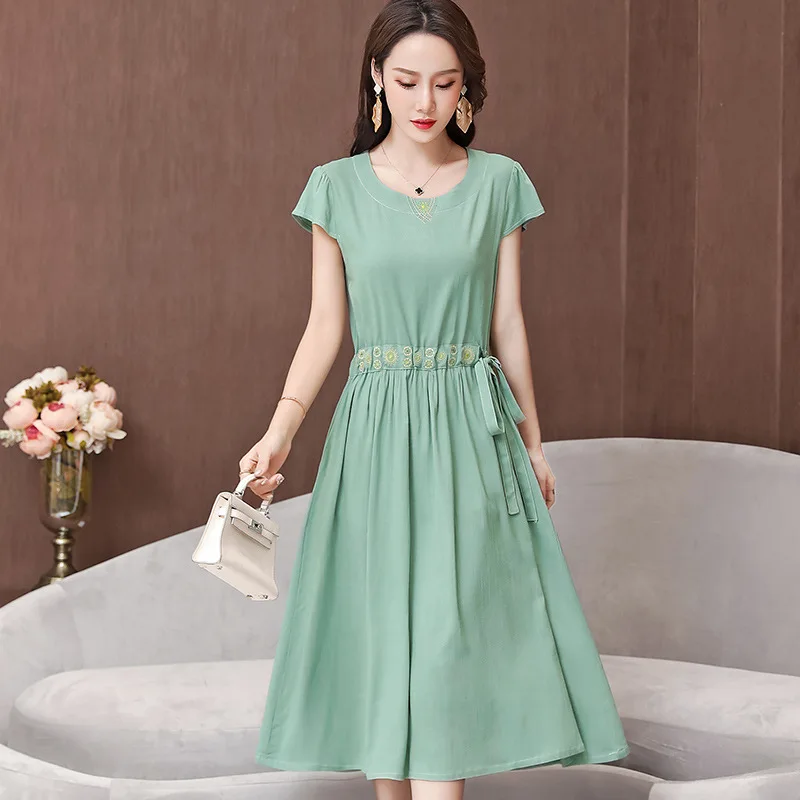 

Cotton Linen Dress 2020 Summer New Style Loose And Plus-sized Elegant Middle-aged Women Dress Summer Wear Mid-length Short Sleev