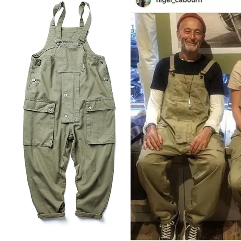 

Multi-Pocket Bib Overalls Safari Style Men Hip Hop Streetwear Cargo Work Pants Coveralls Men's Casual Loose Pant Bib Trousers