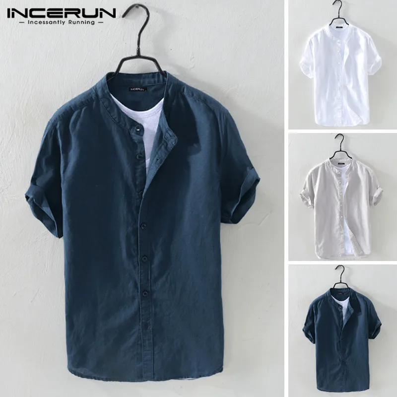 INCERUN Men Shirt Cotton Stand Collar Short Sleeve Camisa Breathable Solid Blouse Streetwear Casual Men Brand Shirts Harajuku INCERUN Men Shirt Cotton Stand Collar Short Sleeve Camisa Breathable Solid Blouse Streetwear Casual Men Brand Shirts Harajuku