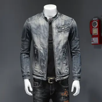 

Men's Jacket Jeans stand collar zipper Denim Jacket Loose Casual off white Fashion Coats Motorcycle Punk Ripped Jacket Outwear
