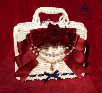

Handmade Sweet Lolita Tradescantia sillamontana Rose Rattan Box Suitcase Soft Girl Bead Chian Bow Portable Party Handbag Cosplay
