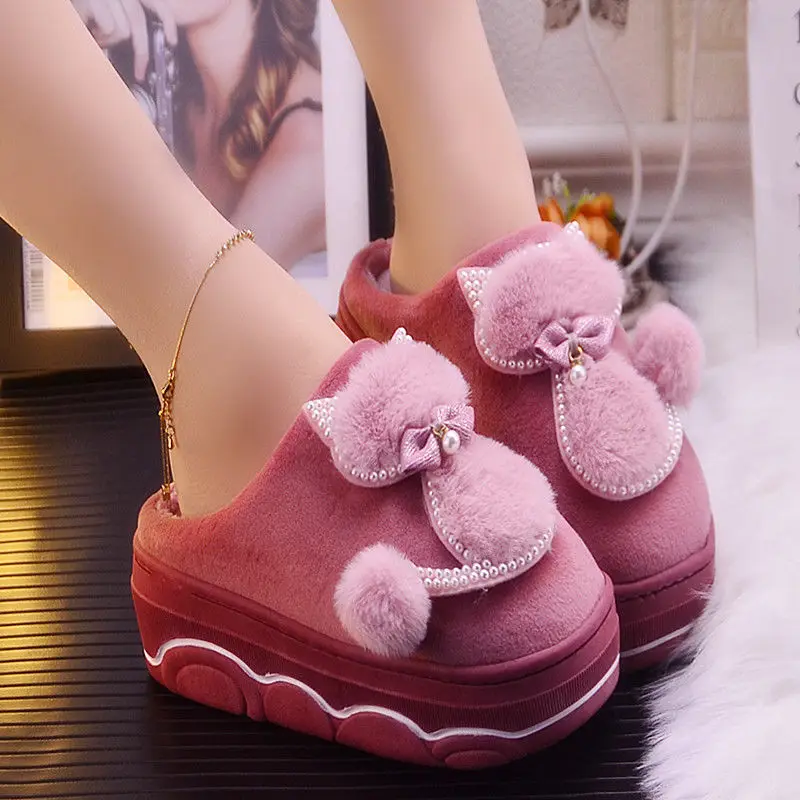 

Platform Slippers Women Indoor Furry Shoes 2020 Ladies Home Thick Bottom Slipper Cat Female Warm Fluffy Shoes
