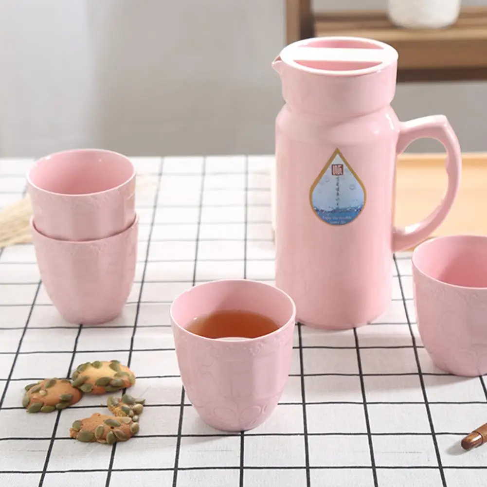 

GloryStar 5Pcs Embossment Ceramic Kettle + Cups Boiled Teapot Set