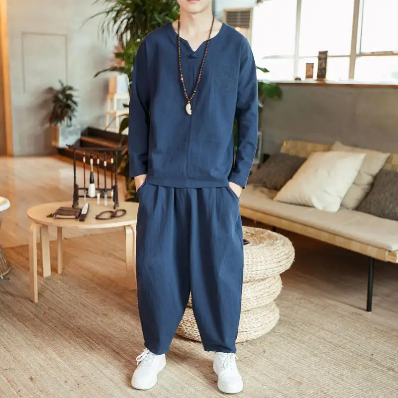 Traditional плюс размер мужские традиционные китайские свободные мужские комплекты s футболки брюки модные с длинным рукавом осенние 2 шт. спортивный костюм мужская одежда - Цвет: Blue Tracksuit Men
