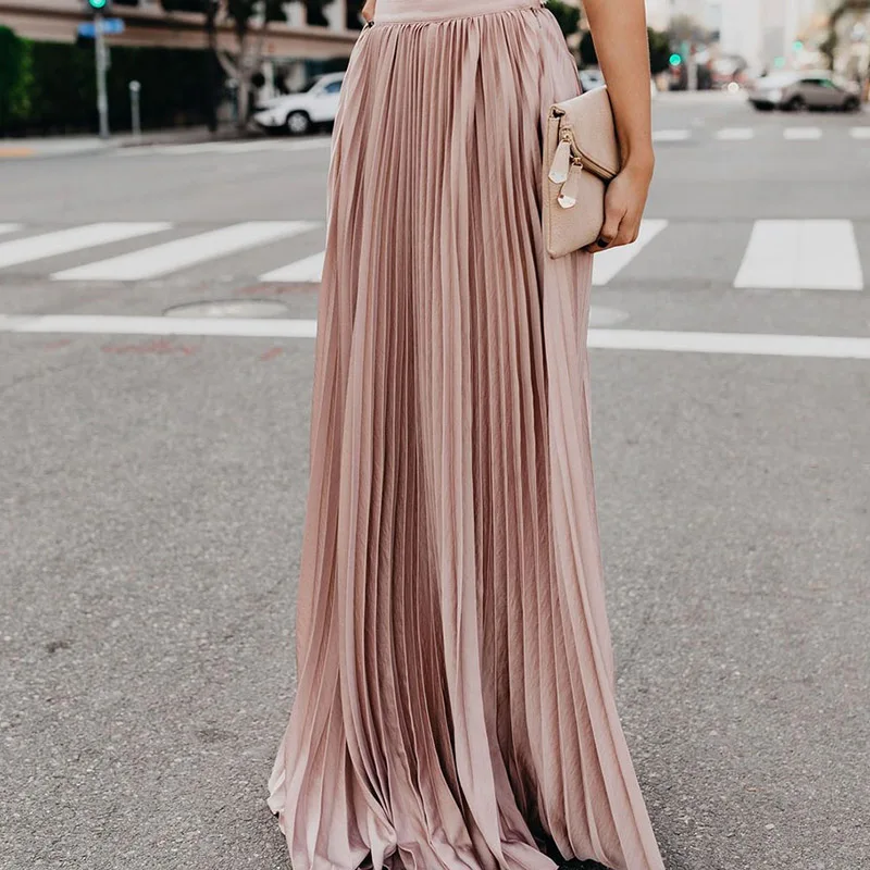 

Women Pleated Skirts Solid Color Bohemian Slim Fit Female Long Skirts for Spring JS24