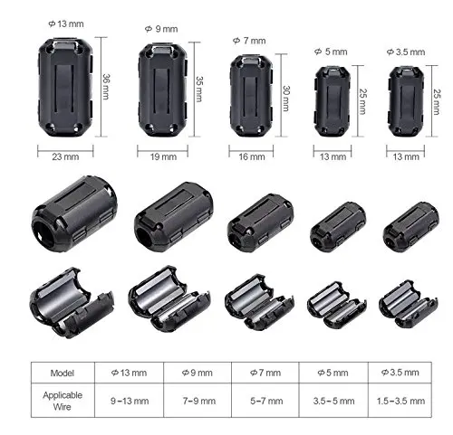 30 Pieces Clip-on Ferrite Ring Core RFI EMI Noise Suppressor Cable Clip for 3.5mm/ 5mm/ 7mm/ 9mm/ 13mm Diameter Cable 