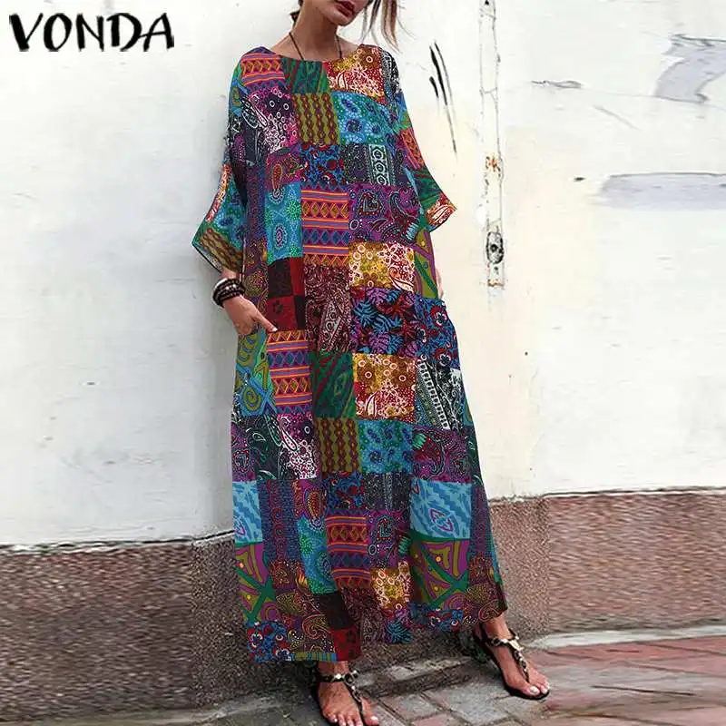 Женское длинное платье макси VONDA, Осеннее вечернее платье с длинным рукавом, женский свободный сарафан в богемном стиле, элегантное платье, женское платье размера плюс
