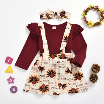 

3pcs baby girls suits Toddler Kids Baby Girls Solid Tops+Thanksgiving Turkey Suspender Skirt Outfits Baby girls Clothing Sets