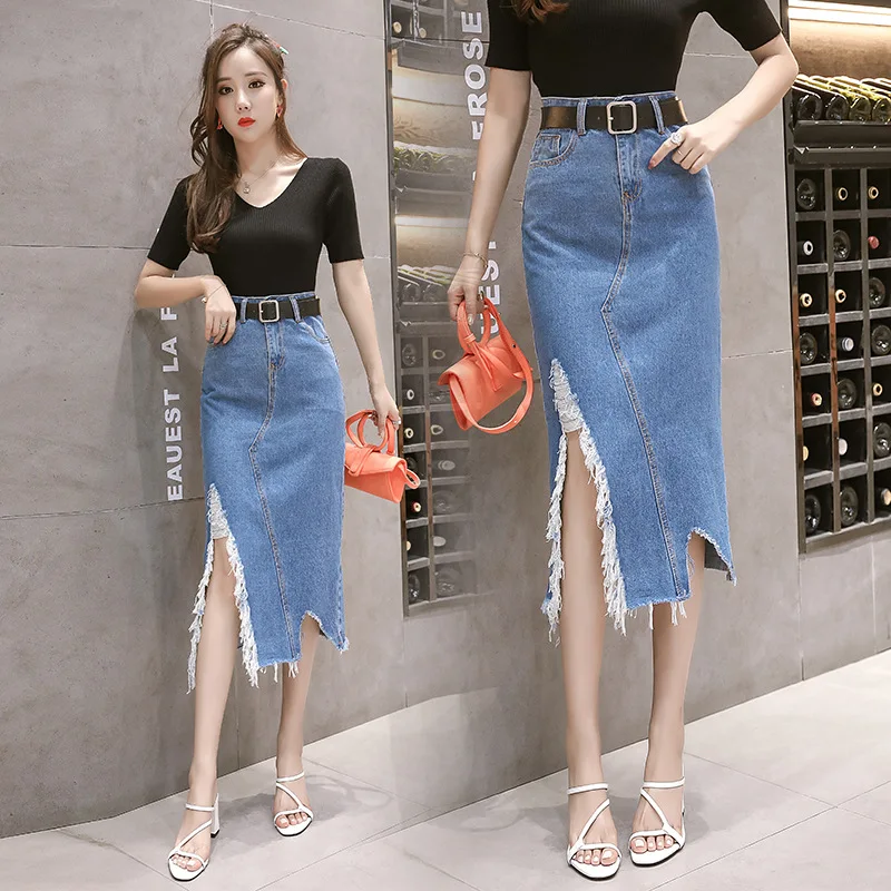 

Photo Shoot Denim Skirt Women's 2019 New Style High-waisted Slimming with Holes Mid-length Slit Flash Step A- line Skirt