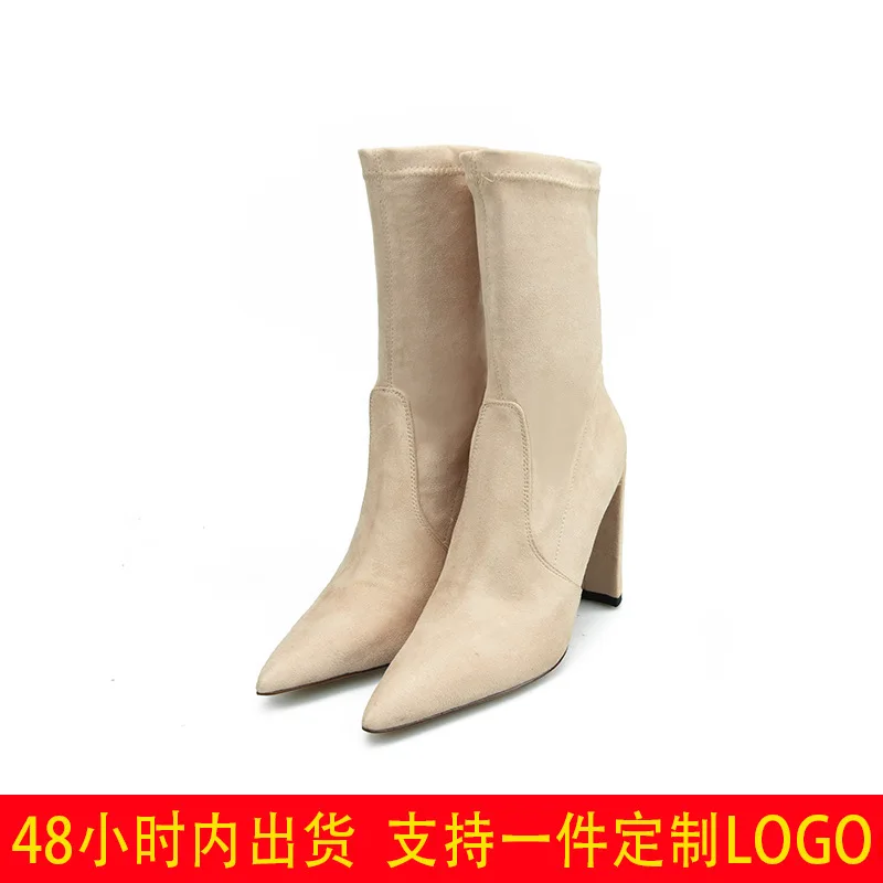 

Winter Suede New Style Pointed Toe Chunky Heel Short xue wa-Stretch Boots WOMEN'S Boots Black And White with Pattern Fashion Boo