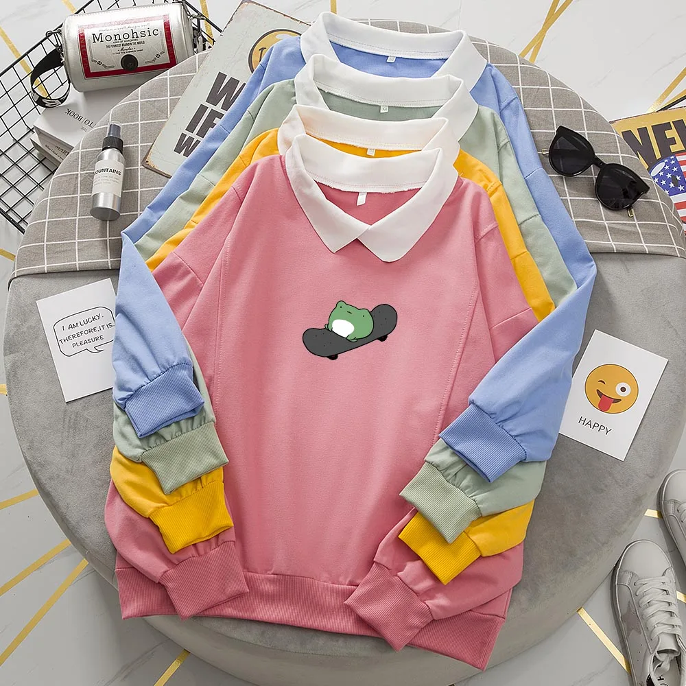 Kawaii Skateboarding Frog Hoodie Oversized Sweatshirt Sweet Turn-down Collar Hoodies for Women Clothes Female Korean Sweatshirts | Женская