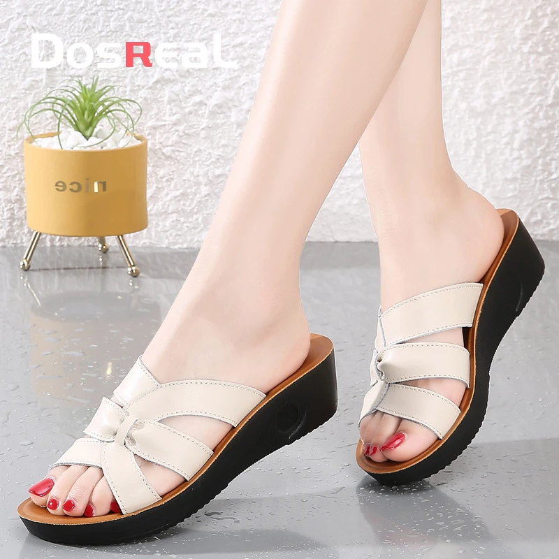 

Dosreal Summer Women Sandals Fashion Leather Interlocking Surface Female Slippers Solid High Quality Women's Slope Heel Slides