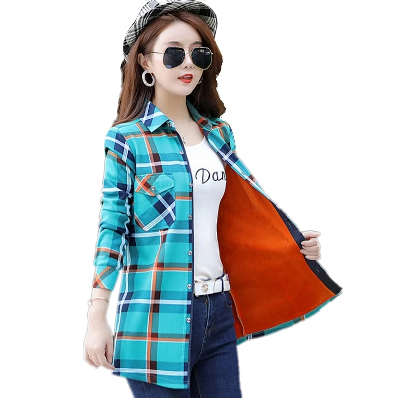 New Women Velvet Thick Warm Long Plaid Shirts Female Long Sleeve Tops M-3XL Size Female Winter Blouses Blusas Femininas Chemise long sleeve tops