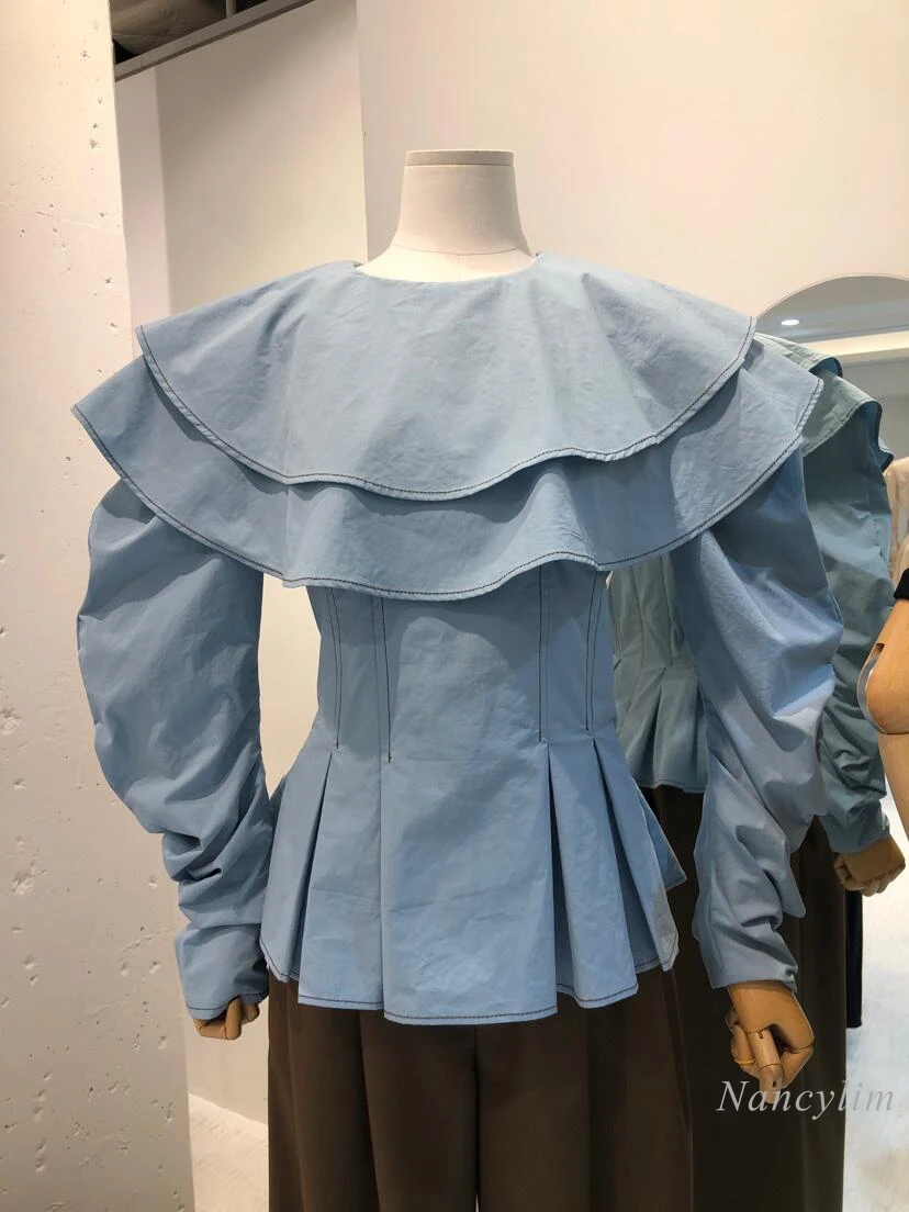 

Women's Blouse 2021 Spring New Elegant Lapel Pleated Long Sleeve Denim Shirt Female Lady Slim Short Tops Blusas Mujer