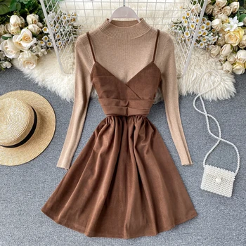 

Women's New Korean Stand Neck Long Sleeve Knitting Bottoming Shirt + Autumn Winter Sleeveless Fashion Dress Two Piece Sets L044