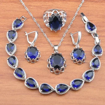 

Russian Style Silver Color Wedding Jewelry Set For Women With Earrings Pendant Blue Crystal Ring Bracelet Set African Jewellry