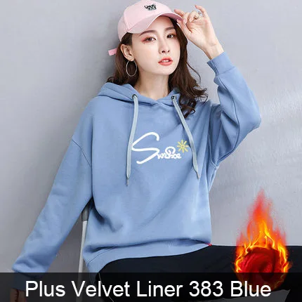 Winter 383 Blue Толстовки и кофты Пуловеры Для женщин Осень и Зима Свободная плюс бархатный толстая лайнер Толстовка Печать писем куртка 2 - Цвет: Winter 383 Blue