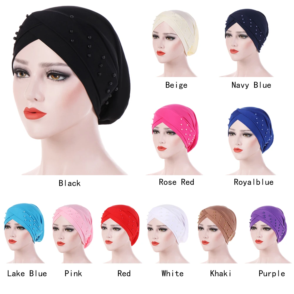 1PC New Women Elastic Turban Hat Muslim Hijab Islamic Beads Cancer Chemo Cap Ladies Hijab Stretch Head Wrap Head Scarf Hair Loss muslim headwear,head scarf,hijab headscarf,hijab hats,female head wraps,muslim sets,unisex turban hat