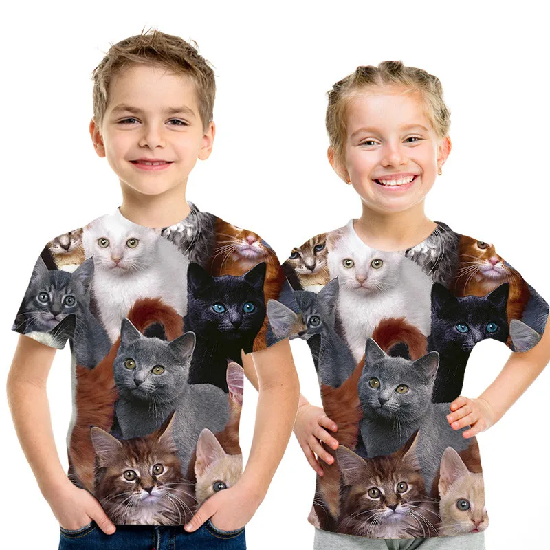 picture color Футболки для девочек и мальчиков, футболка с 3d принтом, Детская футболка с рисунком кота для девочек, летняя подростковая одежда для девочек 3, 4, 5, 6, 8, 10, 12, 13, 14 лет - Цвет: picture color