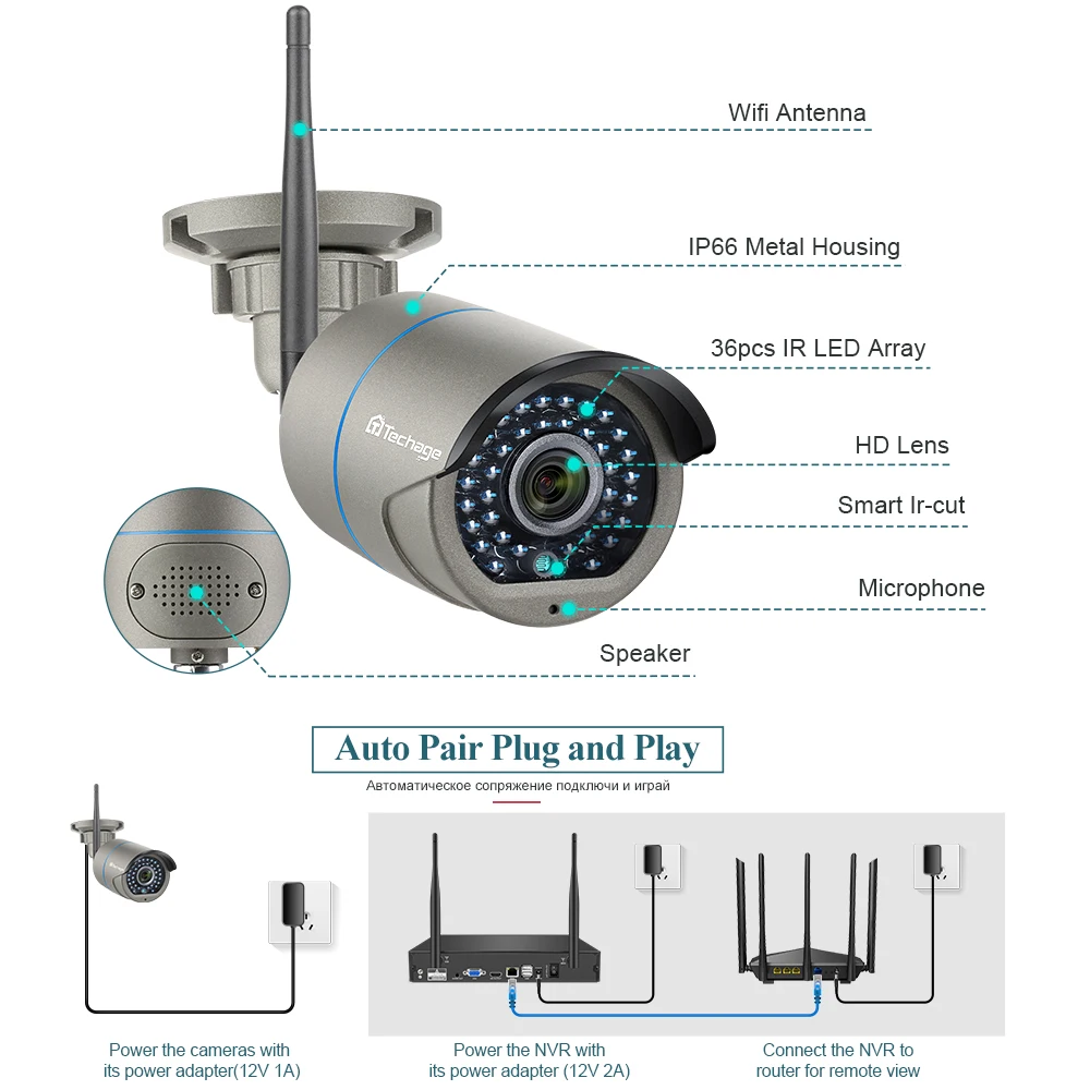 Techage 3MP 8CH Security CCTV WIFI System Set Human Detected Two Way Audio Record Outdoor Surveillance Wireless IP Camera Kit