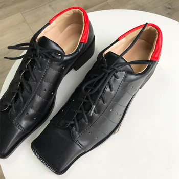 

Black Leather Shoes Woman Oxford Feminino Sapato Lace Up Mocasines Mujer Loafers Female Flat Shoes Square Toe Zapatos De Dama