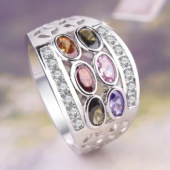 

Mystery Female Rainbow Oval Ring Boho Silver Plated Color Alloy CZ Stone FingerOlive Green Ruby Sapphire Inlay Ring Vintage