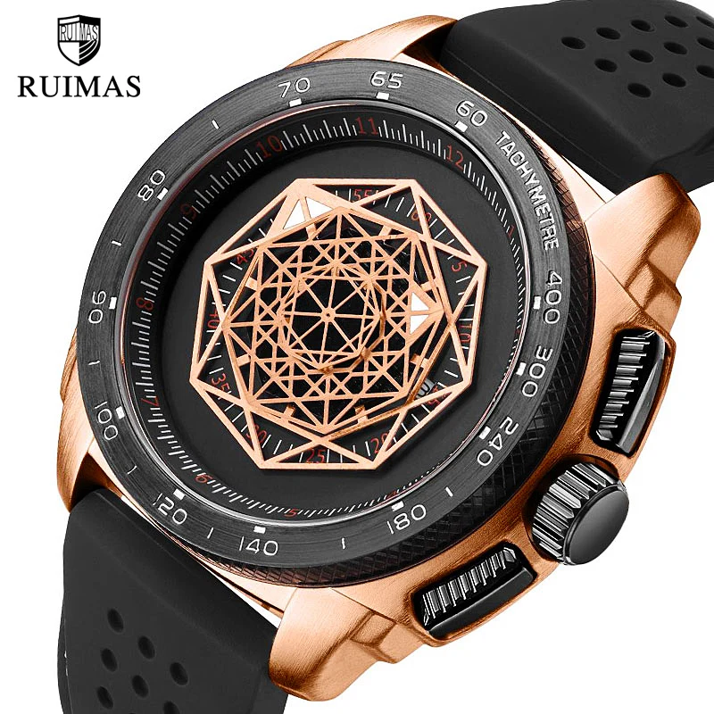 

RUIMAS New Fashion Style Men Watches Date Clock Black Silicone Watchband Waterproof Quartz Watch Men's Creativity Big Dial Watch
