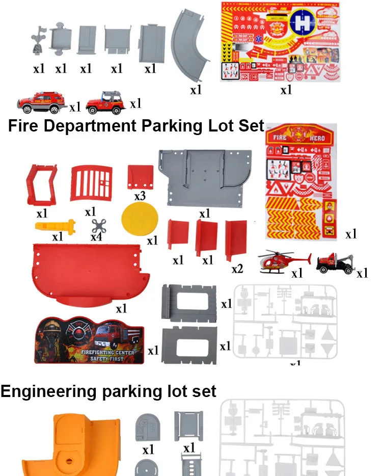 1: 64 Детские сборные игрушки для парковки, пластиковые разделенные места для парковки, сплав, такси, инженер, автомобиль, слайд-трек, пожарная полицейская станция