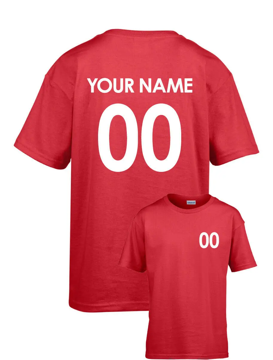 

Personalised Kids Football T-Shirt Name Number Age Birthday Custom Soccer Team