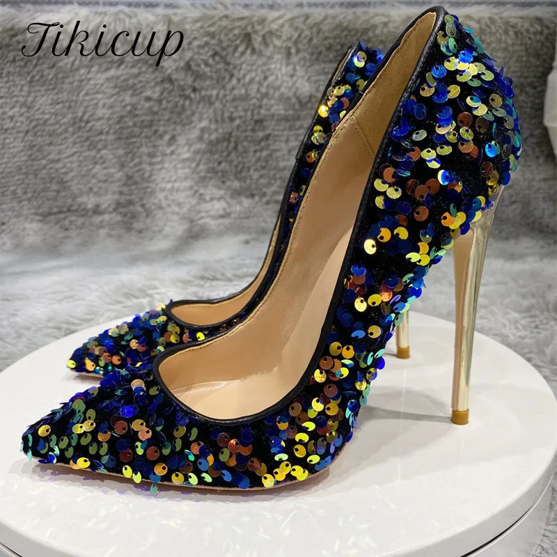 Tikicup Blue Bling Sequins Women Sexy Extremely High Heels Pointed Toe Slip On Stiletto Chic Pumps Ladies Party Wedding Shoes | Обувь