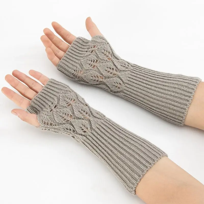 Зимние вязаные жаккардовые перчатки без пальцев для женщин и девочек, Длинные теплые однотонные варежки с отверстиями для большого пальца