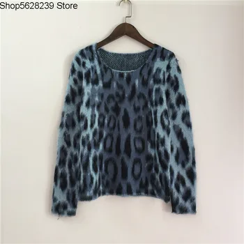 

2020 Women's Wear Trend Mohair Leopard Print Round Neck Knitting Sweater Pullover Women's Knitting Shirt