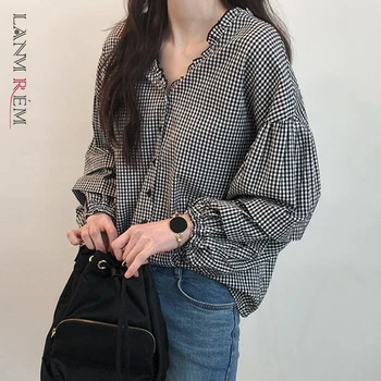 

LANMREM can ship 2020 spring summer new Pure Cotton V colllar Long Sleeve little Lattice Lantern Sleeve Loose casual shirt YH881