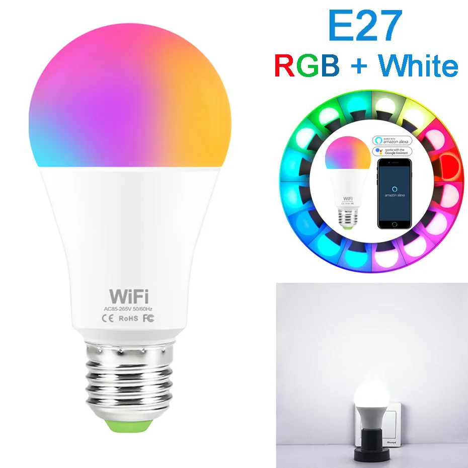 15 Вт WiFi умный светильник RGB белый волшебный светодиодный светильник с регулируемой яркостью E27 B22 WiFi лампа накаливания совместима с Amazon Alexa Google Home Smartphone - Испускаемый цвет: E27 RGB White