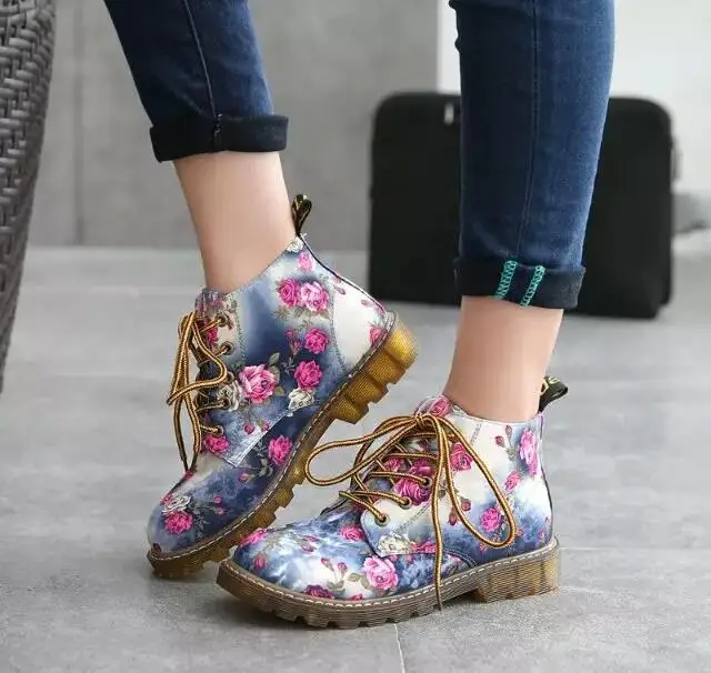 

New printing Simple Women shoes Ladies Low heels Rain boots Ladies Cross-tied Vintage Shoes Women with Ankle Winter Boots