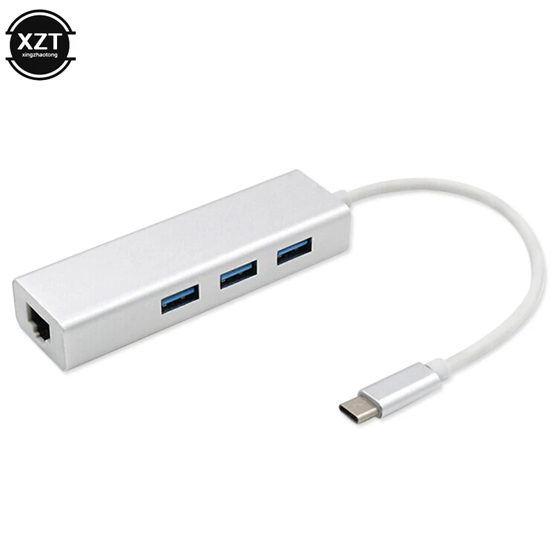 Тип C Ethernet адаптер к RJ45 Lan сетевая карта проводной 10/100/1000 Мбит/с Gigabit USB 3,0 концентратор 5 Гбит/с для Macbook Тетрадь ноутбук - Цвет: Серебристый