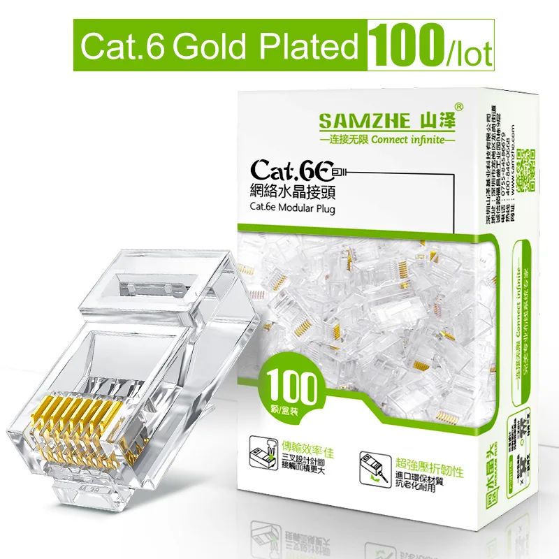 SAMZHE Cat6 RJ45 Modular Plug 8P8C Connector for Ethernet Cable Gold Plated 1Gbps CAT 6 Gigabit 2
