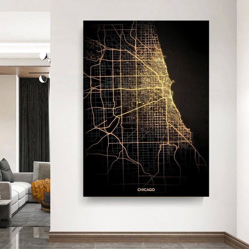 

Chicago New York Washington City Map Poster Black Gold High-End Home Decorative Canvas Painting for Wall Decoration