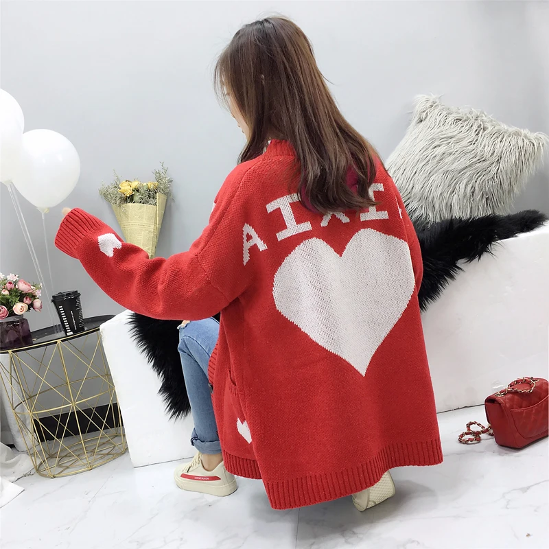 

OllyMurs Korean Style Women Knitted Sweater Cardigan Autumn Winter Back Big Heart Ladies Loose Sweaters Coat Tops Long Cardigans