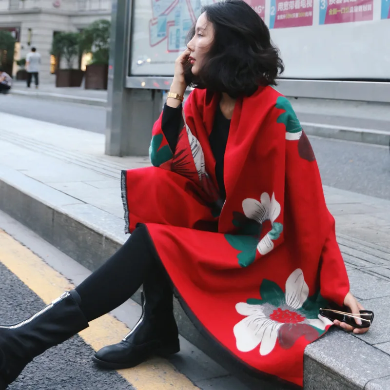 

Fashion Brand MATAGORDA Female Scarf Winter Student Sun Flower Double - Sided Patchwork Color Thickened Cashmere Shawl Scarves