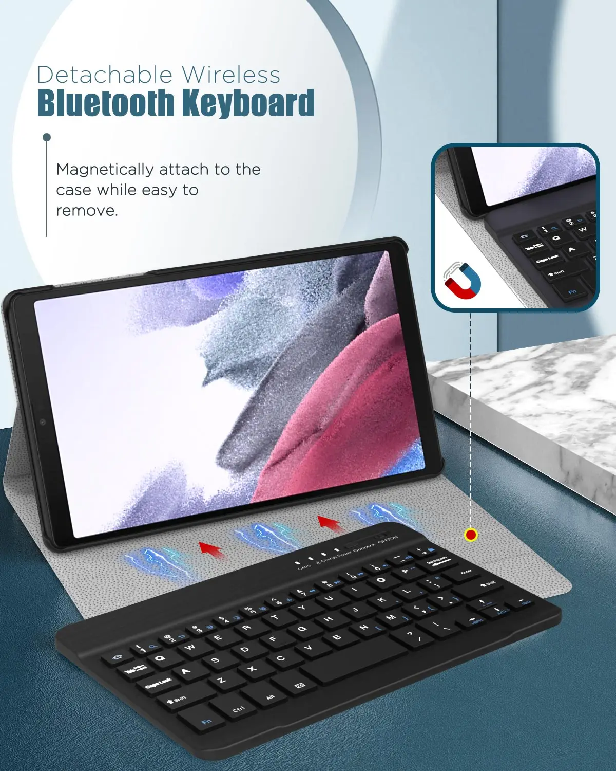 Liseng Ensemble clavier et étuis pour Samsung Galaxy Tab A7 Lite 8,7 modèle 2021 Coque de protection fine et légère avec clavier Bluetooth amovible sans fil SM-T220/T225/T227 
