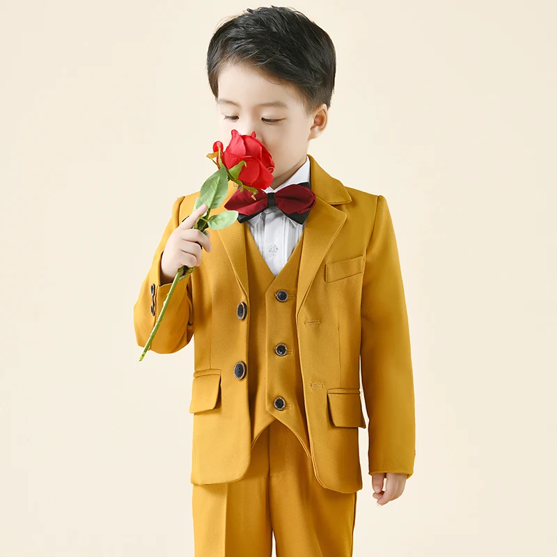 Kids Spring Autumn Jacket Suits Set Flower Boys Vest Pants Wedding Performance Clothes Children Formal Party Solid Color Outfits