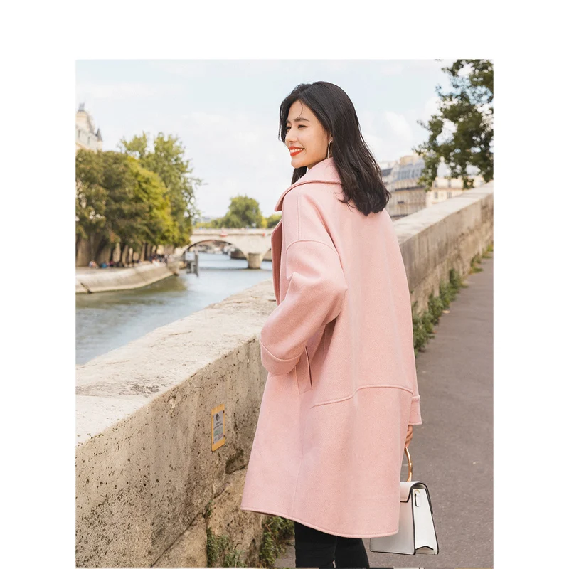 INMAN Winter Solid Big Turn Down Collar Dubble Button Drop shoulder Sleeve Warm Women Long Woolen Coat