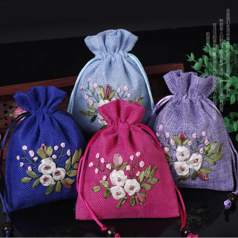 

Hand Ribbon Embroidery Jewelry Gift Bag Small Drawstring Linen Pouch Wedding Party Favor Bag Fabric Packaging Bags 10pcs/lot