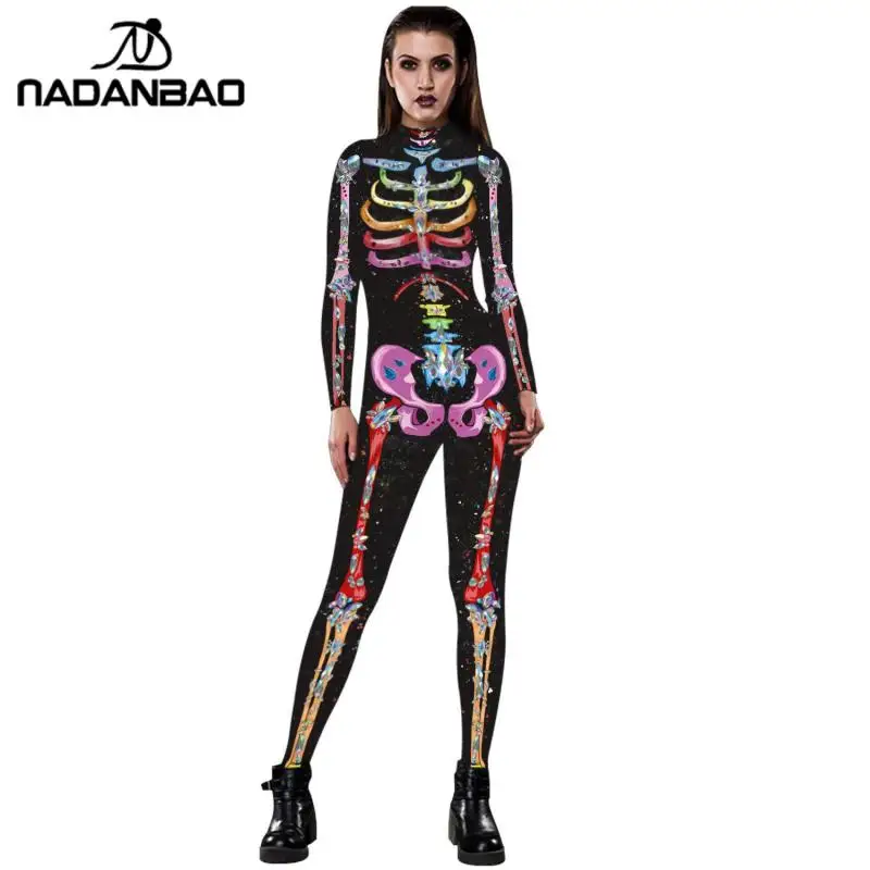 Rose Skeleton Costume Jumpsuit 3D Print Scary Halloween Costumes For Women Mechanical Skull Bodysuit