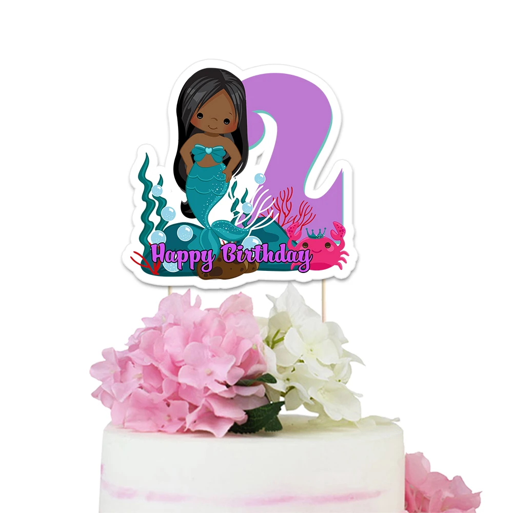 Mermaid Theme Party Paper Cake Topper Black Hair Girl Mermaid Kids Event Birthday Party Decorations Supplies Custom-Made Topper
