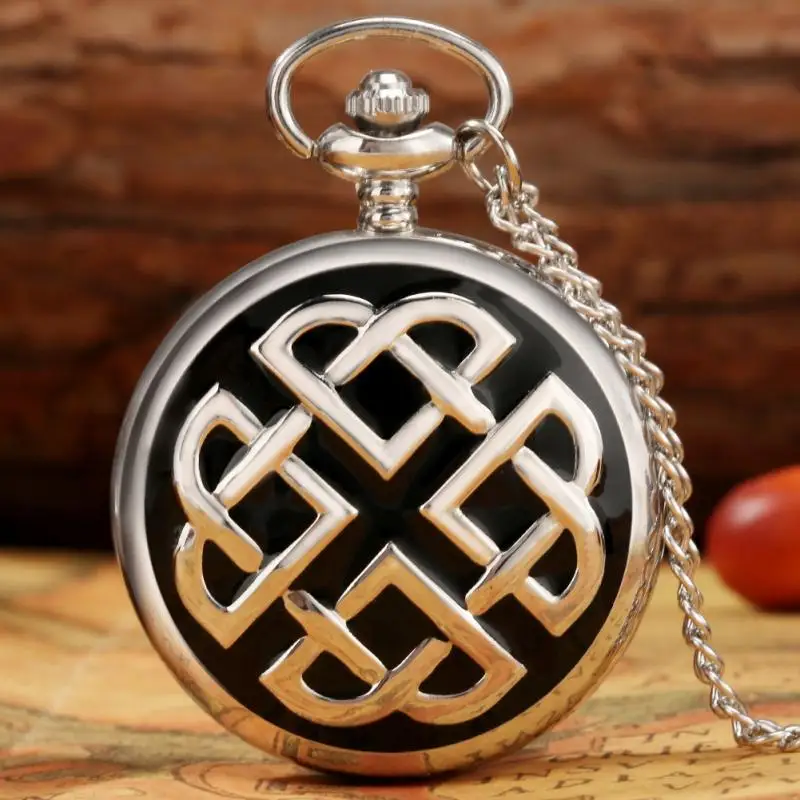 Black Silver Irish Knot Rope Stripe Design Quartz Pocket Watch