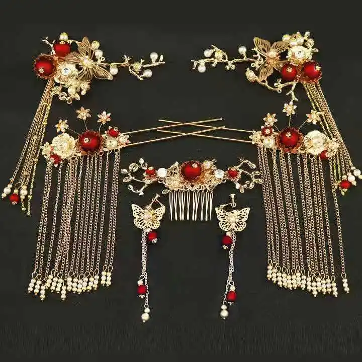 

Chinese Show and Hanfu Bridal Tiara Suit Tassels Feng Guanxia Hair Accessories Wedding Red Costume Show